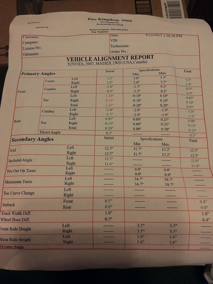 08 Matrix XR alignment results after lower control arm replacement